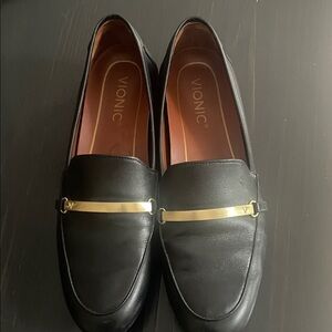 Vionic Black Leather Loafers with Gold Detail